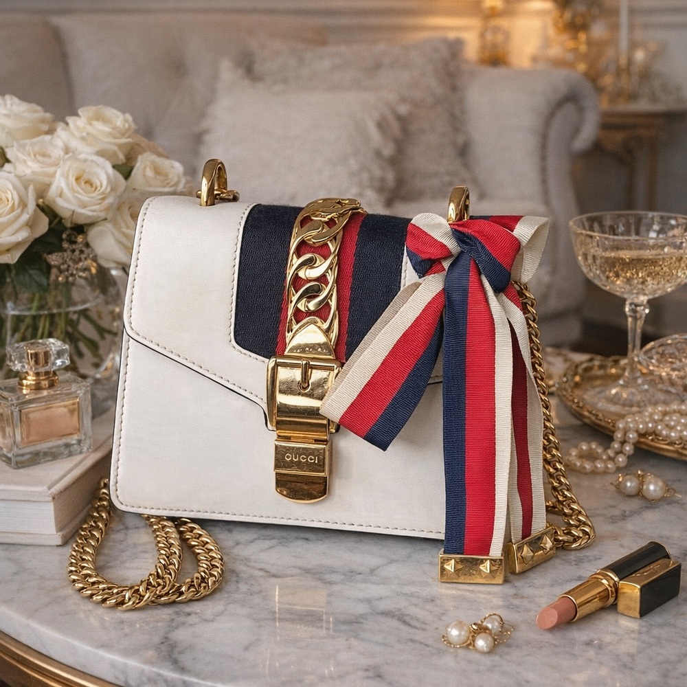 Gucci Sylvie Mini Shoulder Bag White Leather Web Stripe Ribbon Chain 2018 COA